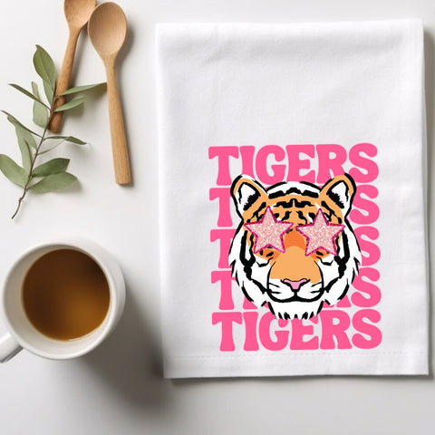 Go Tigers! Retro Preppy Kitchen Dish Towel, Pink Tigers, Hostess Gift, Tailgating, Football Towel, Housewarming Gift, Dorm decor