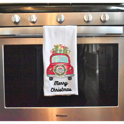 Merry Christmas Tree Delivery Truck Kitchen Dish Towel, Holiday Festive Party, Christmas Party, Hostess Gift, Teachers Gift, Office Party