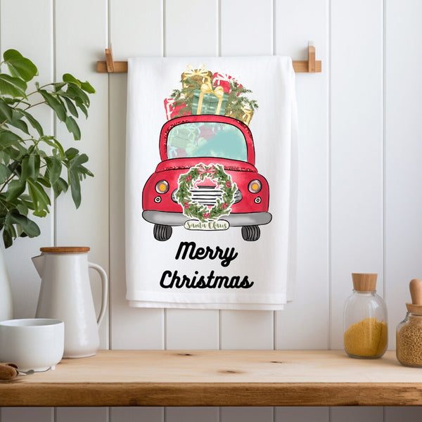 Merry Christmas Tree Delivery Truck Kitchen Dish Towel, Holiday Festive Party, Christmas Party, Hostess Gift, Teachers Gift, Office Party