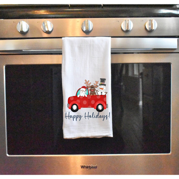 Santa and His Crew Truck Christmas Kitchen Dish Towel, Christmas Party, Teachers Gift, Hostess Gift, Housewarming Gift, Holiday Party
