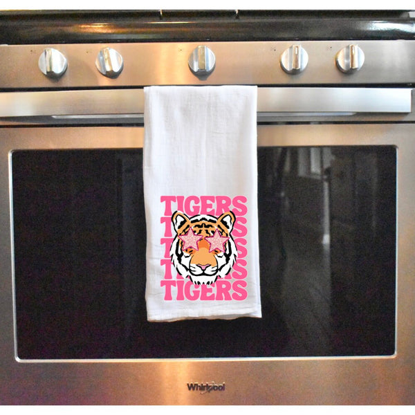 Go Tigers! Retro Preppy Kitchen Dish Towel, Pink Tigers, Hostess Gift, Tailgating, Football Towel, Housewarming Gift, Dorm decor