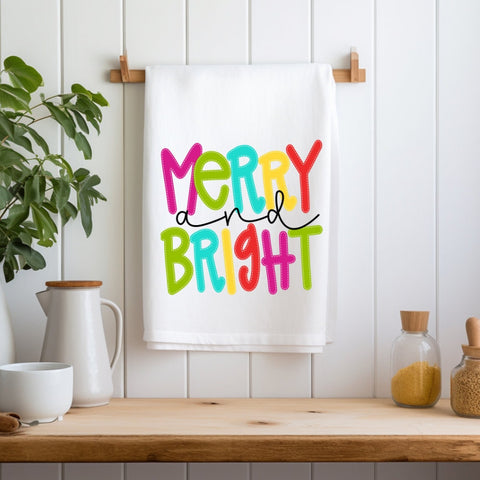 Merry and Bight Festive Christmas Kitchen Dish Towel, Holiday Party Gift, Bright colored, Housewarming, Hostess Gift, Teachers Gift